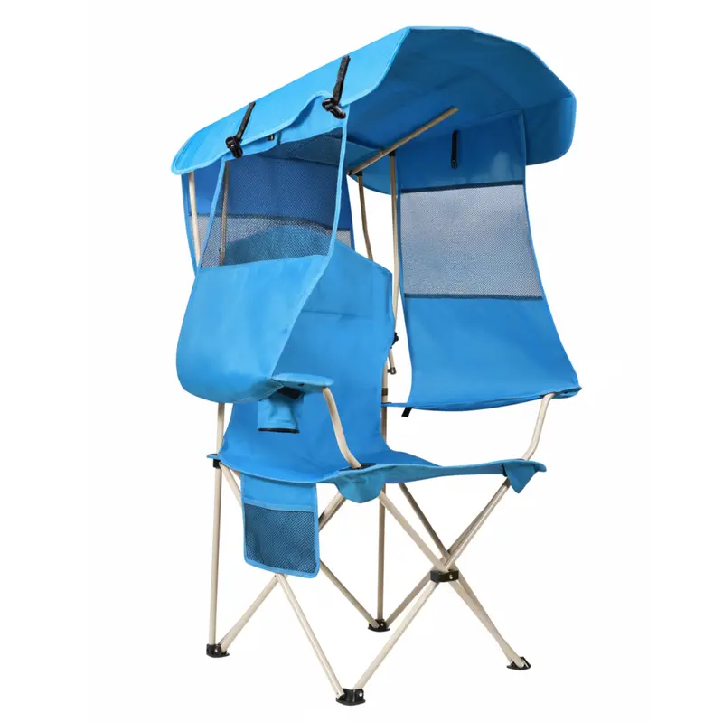 Klappbarer Campingstuhl mit verstellbarem Sonnendach und hinterem Schattenschild