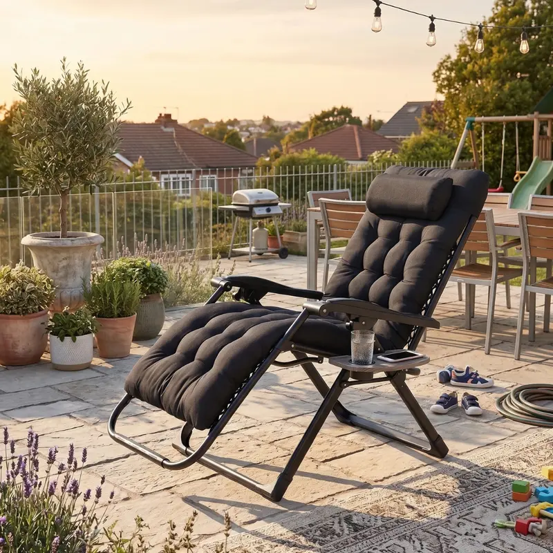Klappbarer Liegestuhl für die Terrasse mit Kissen, Seitentablett und Kopfkissen