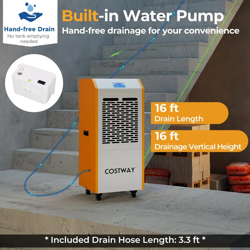 Kommerzieller Entfeuchter mit 290 Pint Kapazität und eingebautem Pumpsystem – Industrie-Entfeuchter mit Abflusschlauch, 24-Stunden-Timer und Rollen für Keller