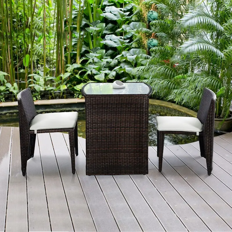 Korbgeflecht-Bistro-Set, 3-teiliges Rattan-Möbelset mit Esstisch 2