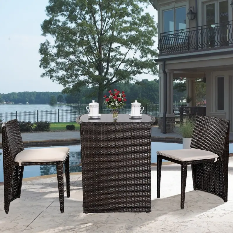 Korbgeflecht-Bistro-Set, 3-teiliges Rattan-Möbelset mit Esstisch