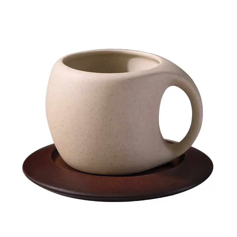 Kovat Wabi-Sabi-Keramik-Kaffeetassenset mit natürlichem Holzuntersetzer und goldfarbenem Löffel – 220 ml matte, gesprenkelte Espressotasse für Cappuccino