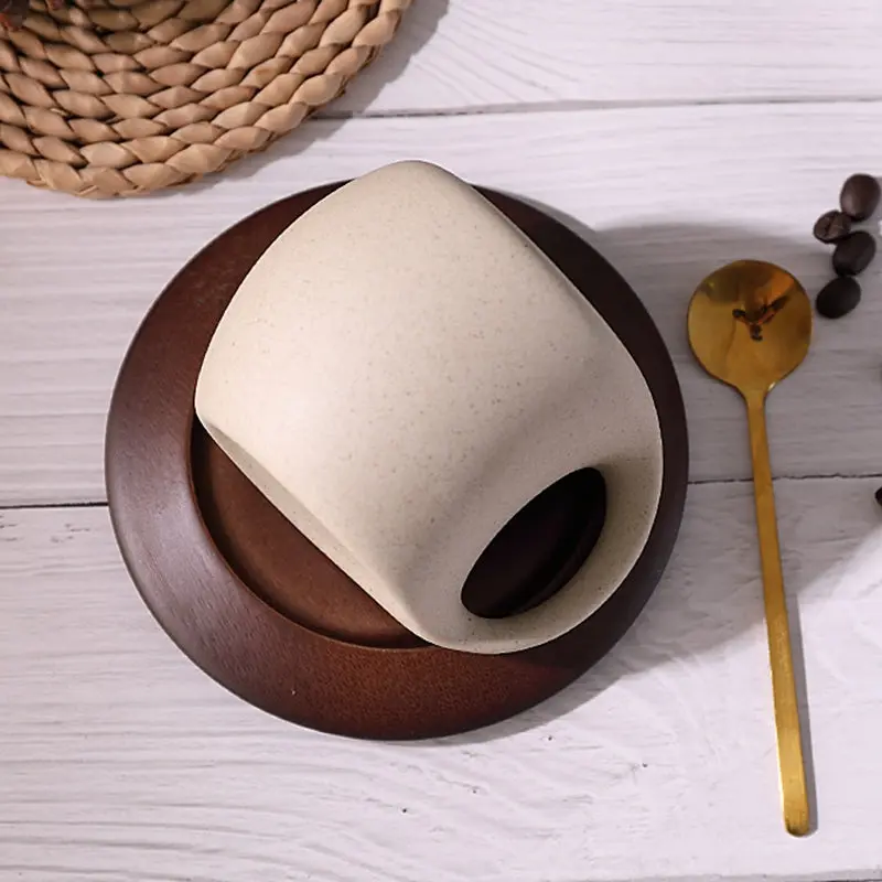 Kovat Wabi-Sabi-Keramik-Kaffeetassenset mit natürlichem Holzuntersetzer und goldfarbenem Löffel – 220 ml matte, gesprenkelte Espressotasse für Cappuccino