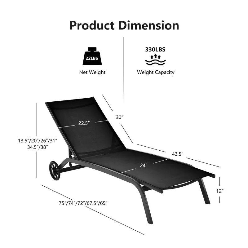 Liegestühle für den Innenhofbereich – Outdoor-Chaiselongue mit 6 verstellbaren Positionen, glatten Rollen und schnelltrocknendem Gewebe