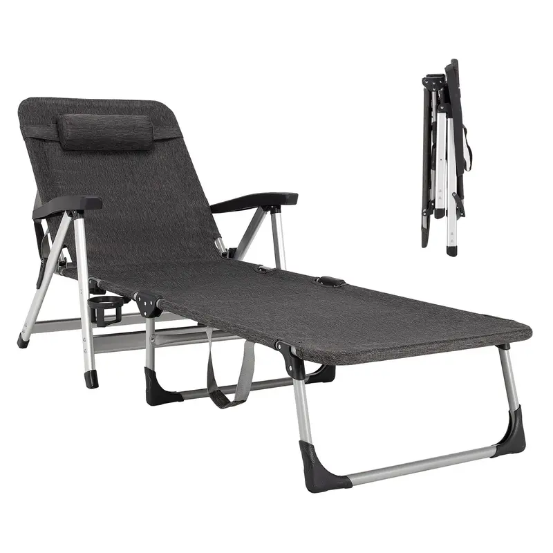 Liegestuhl, klappbarer Outdoor-Liegestuhl für Terrasse mit Getränkehalter und abnehmbarem Kopfkissen