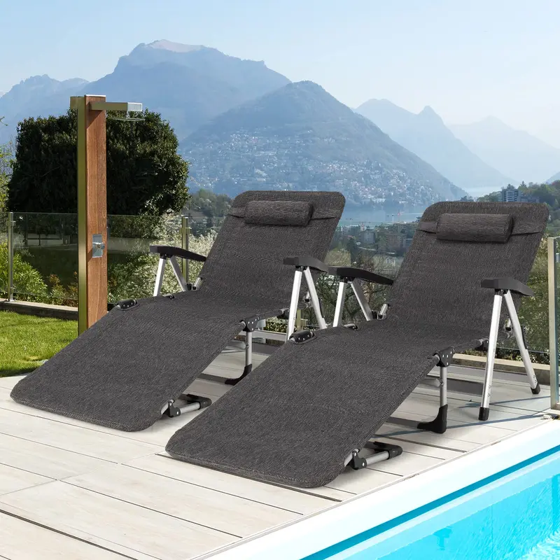 Liegestuhl, klappbarer Outdoor-Liegestuhl für Terrasse mit Getränkehalter und abnehmbarem Kopfkissen 2
