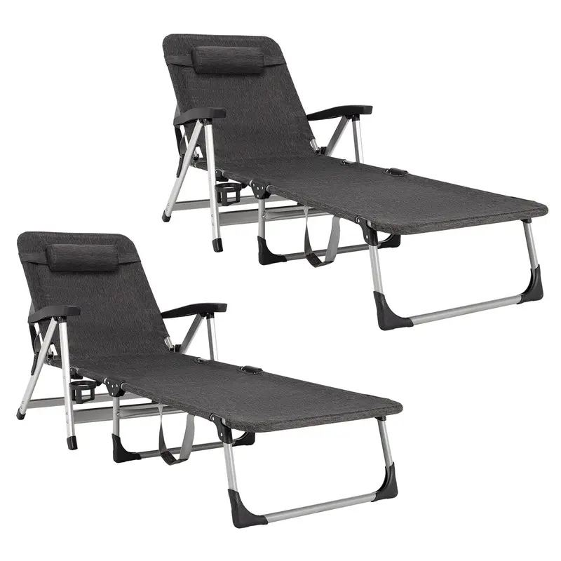 Liegestuhl, klappbarer Outdoor-Liegestuhl für Terrasse mit Getränkehalter und abnehmbarem Kopfkissen