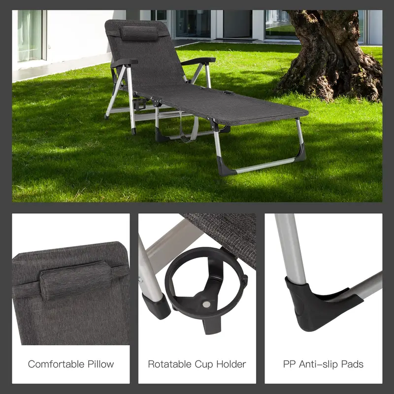 Liegestuhl, klappbarer Outdoor-Liegestuhl für Terrasse mit Getränkehalter und abnehmbarem Kopfkissen
