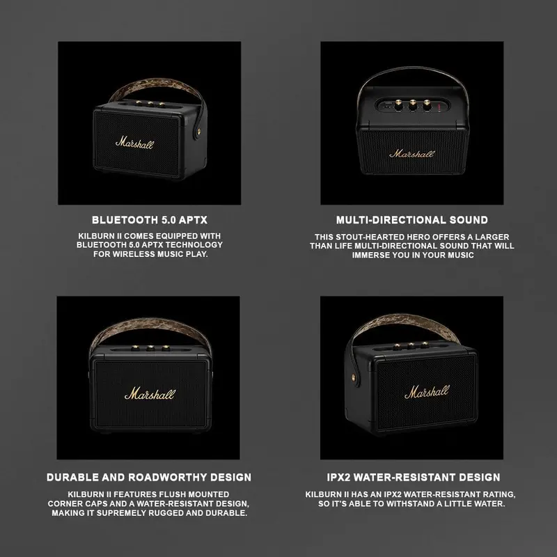 Marshall Kilburn II Bluetooth-Tragbarer wasserabweisender Lautsprecher, kabellos – Schwarz und Messing