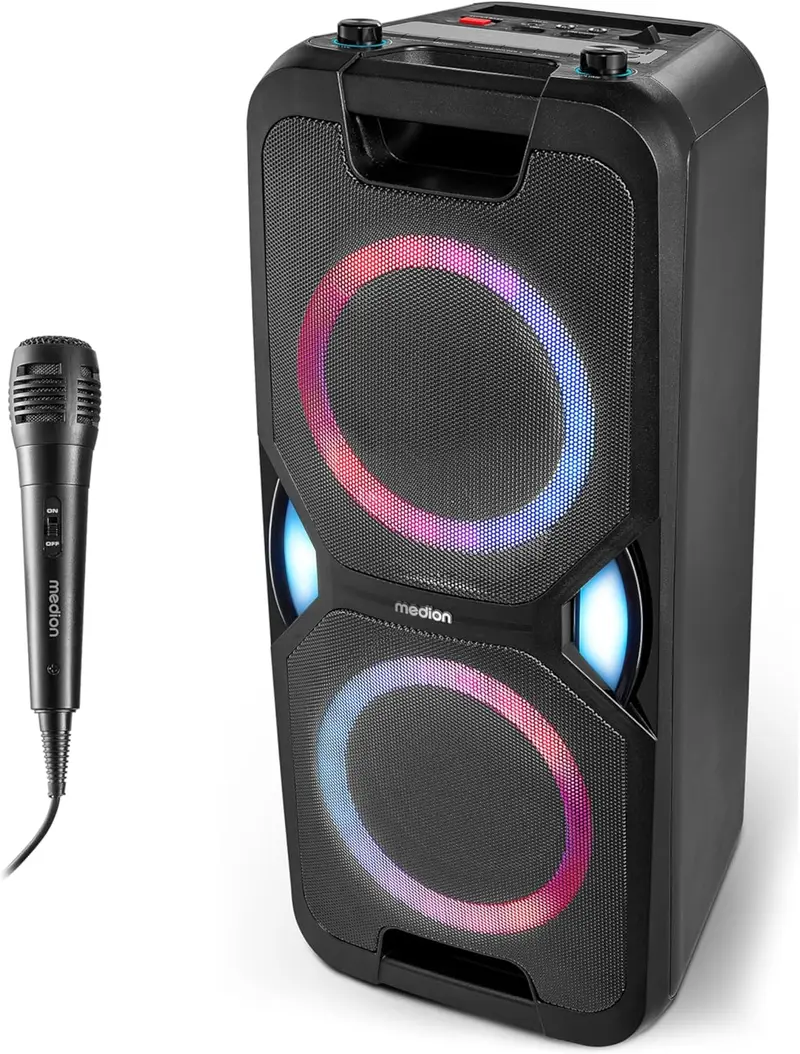 MEDION P61468 Party-Soundsystem (Partylautsprecher inkl. Mikrofon, Karaoke, Akku, UKW-Radio, Bluetooth 5.0, Kompaktanlage, 2 × 220 Watt, farbige LED-Beleuchtung, USB-, AUX-Anschluss, 2 Mikrofonanschlüsse)