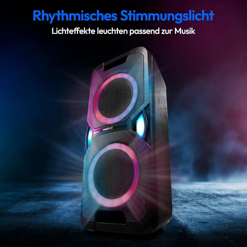 MEDION P61468 Party-Soundsystem (Partylautsprecher inkl. Mikrofon, Karaoke, Akku, UKW-Radio, Bluetooth 5.0, Kompaktanlage, 2 × 220 Watt, farbige LED-Beleuchtung, USB-, AUX-Anschluss, 2 Mikrofonanschlüsse)