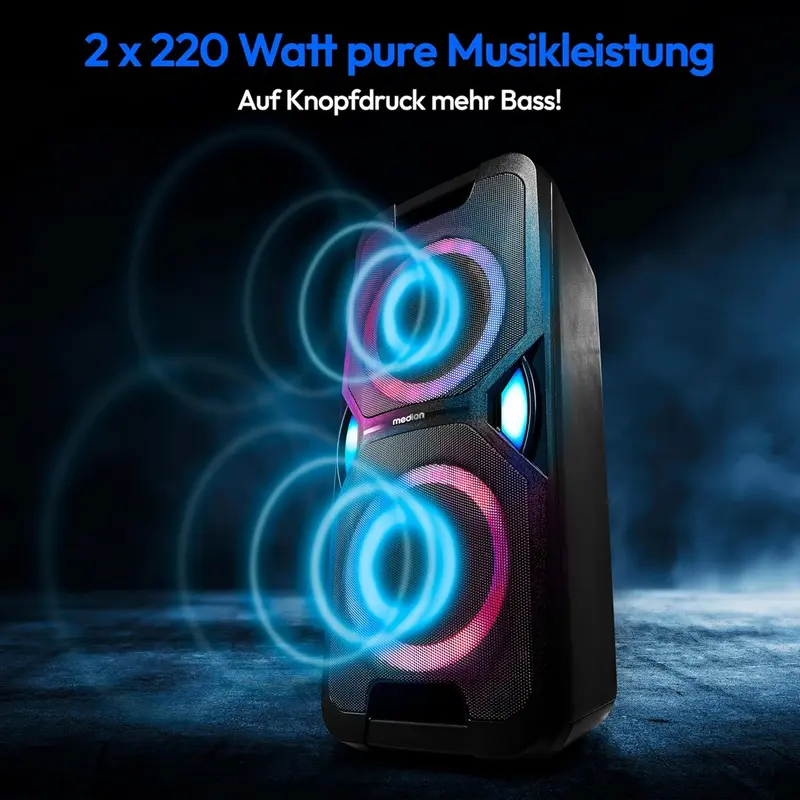 MEDION P61468 Party-Soundsystem (Partylautsprecher inkl. Mikrofon, Karaoke, Akku, UKW-Radio, Bluetooth 5.0, Kompaktanlage, 2 × 220 Watt, farbige LED-Beleuchtung, USB-, AUX-Anschluss, 2 Mikrofonanschlüsse)