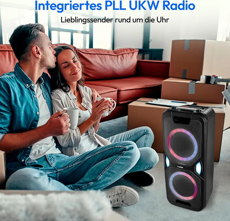 MEDION P61468 Party-Soundsystem (Partylautsprecher inkl. Mikrofon, Karaoke, Akku, UKW-Radio, Bluetooth 5.0, Kompaktanlage, 2 × 220 Watt, farbige LED-Beleuchtung, USB-, AUX-Anschluss, 2 Mikrofonanschlüsse)