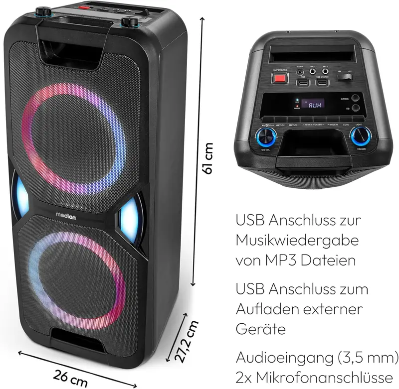 MEDION P61468 Party-Soundsystem (Partylautsprecher inkl. Mikrofon, Karaoke, Akku, UKW-Radio, Bluetooth 5.0, Kompaktanlage, 2 × 220 Watt, farbige LED-Beleuchtung, USB-, AUX-Anschluss, 2 Mikrofonanschlüsse)