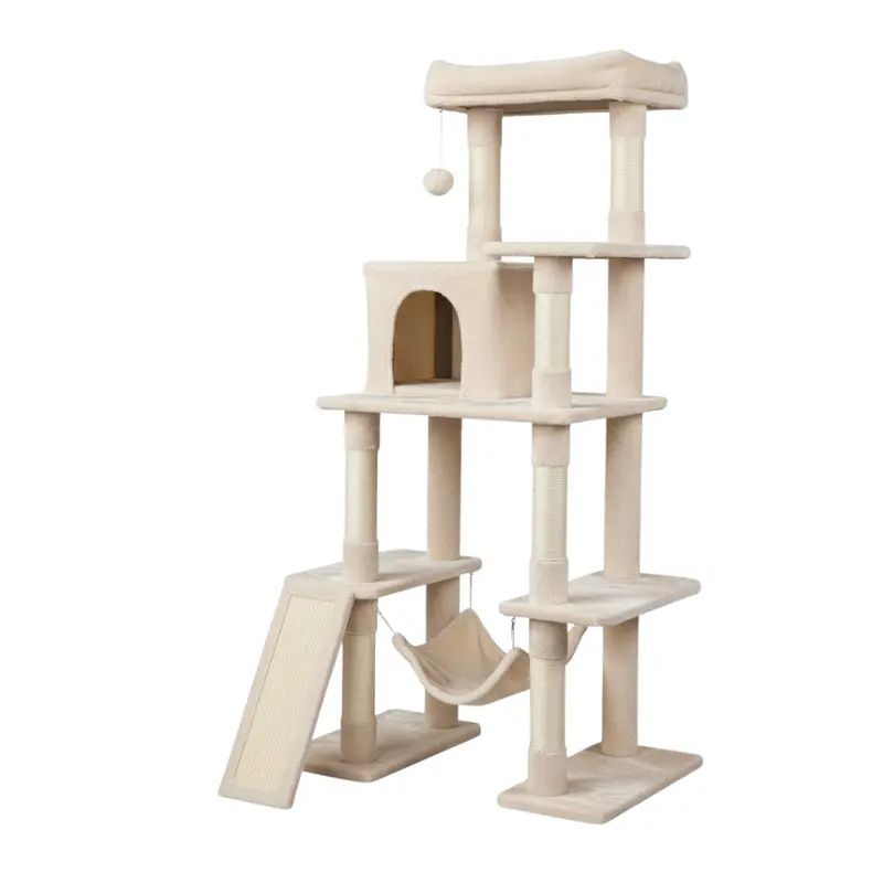 Mehrebeniger Kratzbaum mit Kratzpfosten, Katzenhaus und Hängematte für Katzen 2