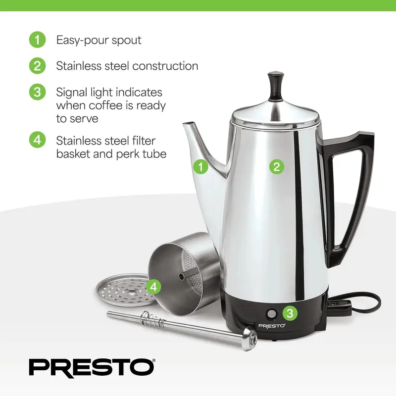 Presto Kaffeemaschine aus Edelstahl, 12-Tassen-Kaffeeperkolator, silber – 2,79