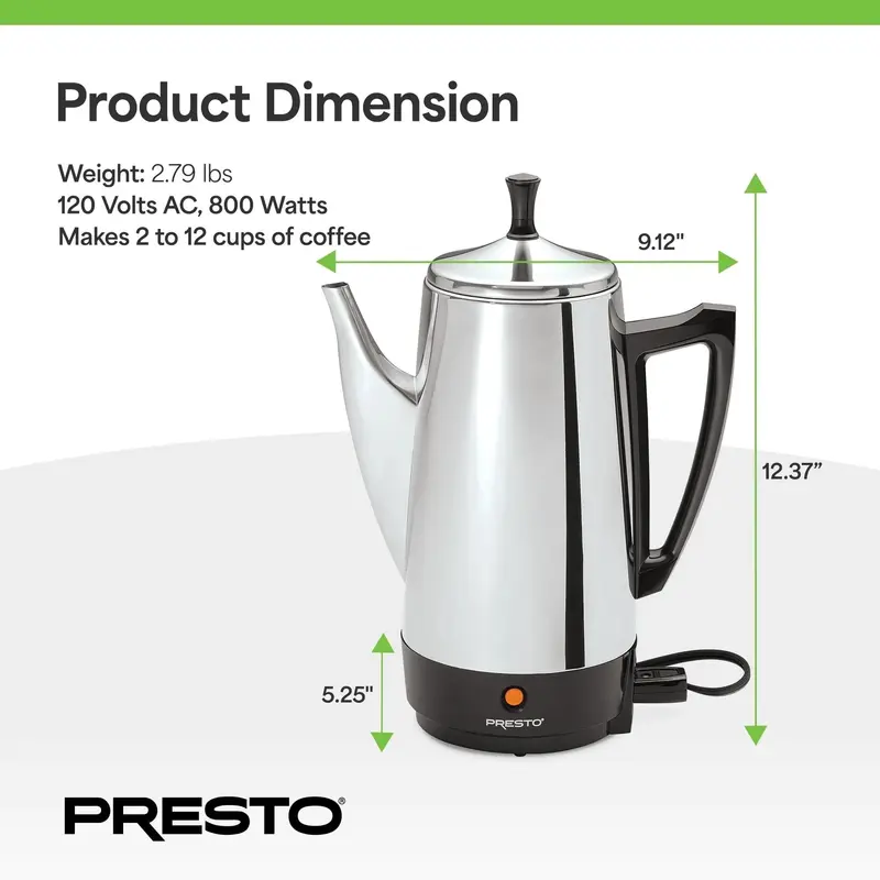 Presto Kaffeemaschine aus Edelstahl, 12-Tassen-Kaffeeperkolator, silber – 2,79