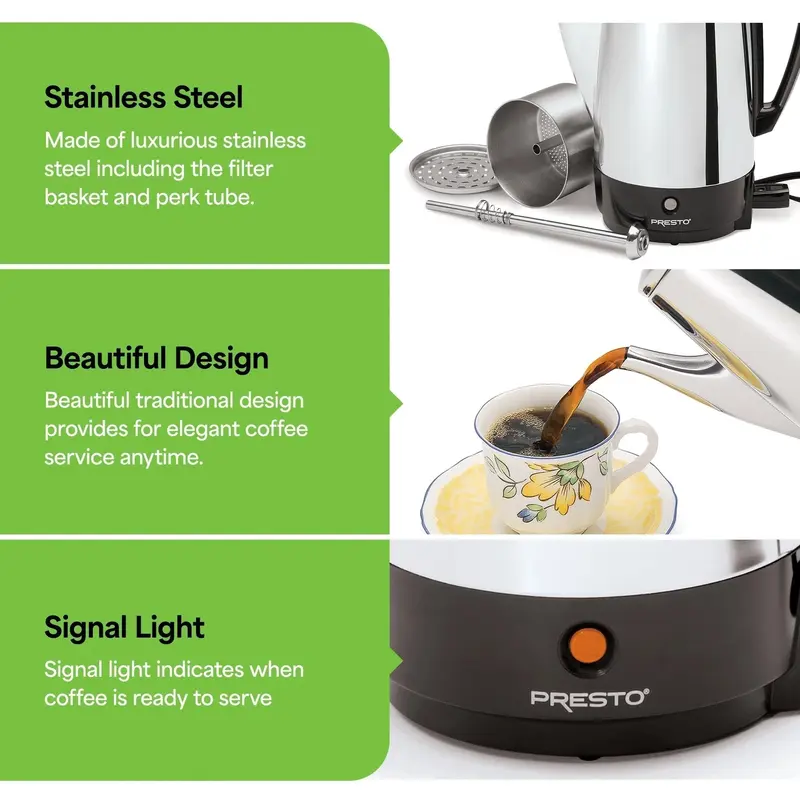 Presto Kaffeemaschine aus Edelstahl, 12-Tassen-Kaffeeperkolator, silber – 2,79