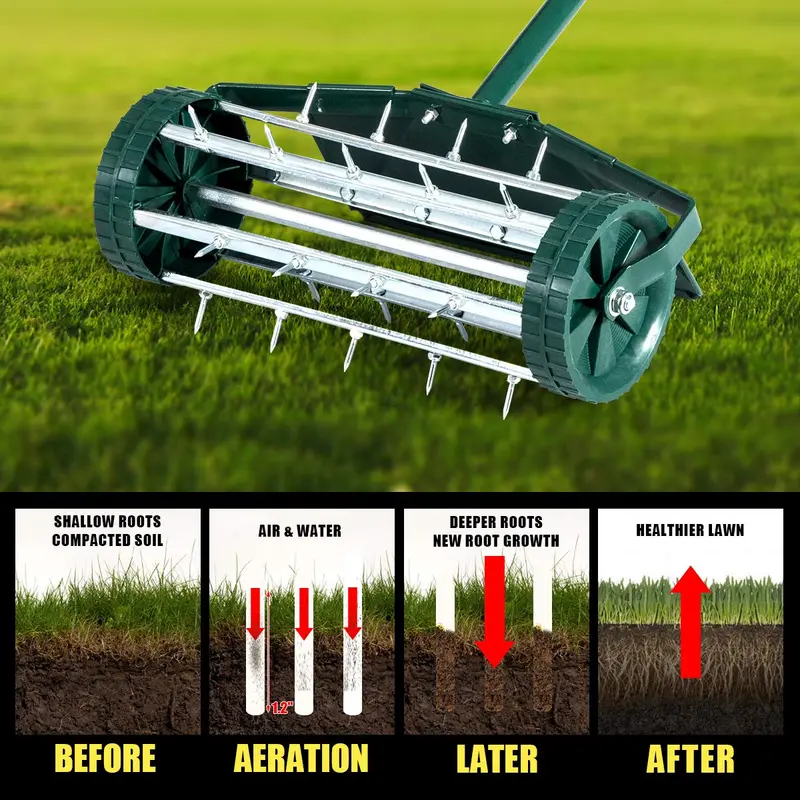 Rasenaerifier 18 Zoll, rotierender Hand-Rasen-Aerifier mit Stahlstiften für Garten und Rasen, robustes Spike-Modell zur Bodenbelüftung, 40,5 Zoll langer Griff (grün mit Spritzschutz)