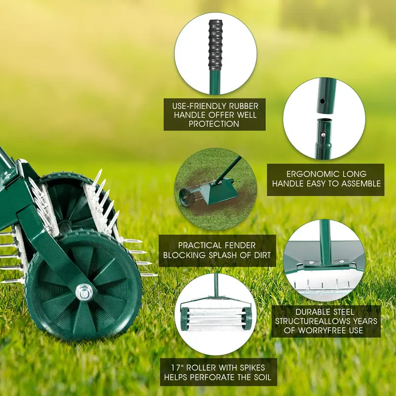 Rasenaerifier 18 Zoll, rotierender Hand-Rasen-Aerifier mit Stahlstiften für Garten und Rasen, robustes Spike-Modell zur Bodenbelüftung, 40,5 Zoll langer Griff (grün mit Spritzschutz)