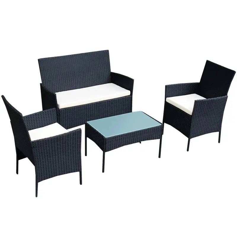 Rattan-Sofa-Set für den Außenbereich – Garten, Terrasse, 4-teilig mit gepolsterten Sitzen aus Kunststoffgeflecht (Schwarz)