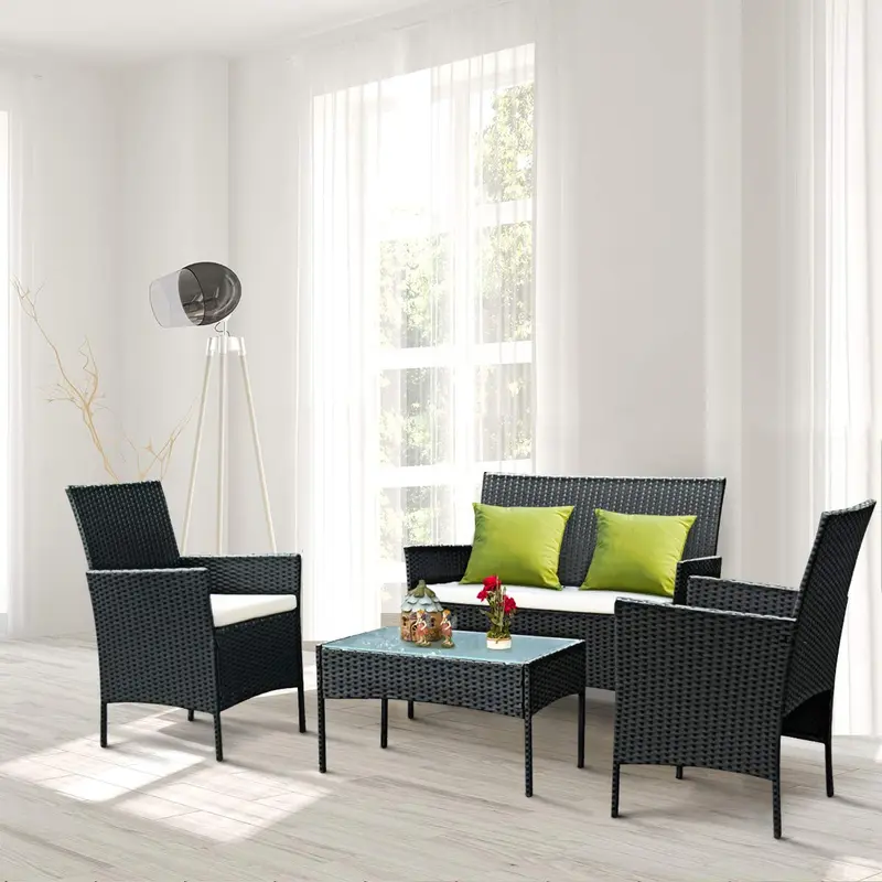 Rattan-Sofa-Set für den Außenbereich – Garten, Terrasse, 4-teilig mit gepolsterten Sitzen aus Kunststoffgeflecht (Schwarz) 2