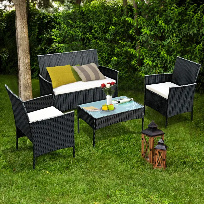 Rattan-Sofa-Set für den Außenbereich – Garten, Terrasse, 4-teilig mit gepolsterten Sitzen aus Kunststoffgeflecht (Schwarz)