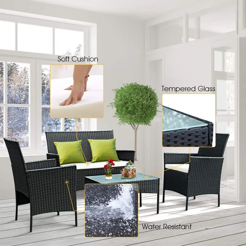 Rattan-Sofa-Set für den Außenbereich – Garten, Terrasse, 4-teilig mit gepolsterten Sitzen aus Kunststoffgeflecht (Schwarz)