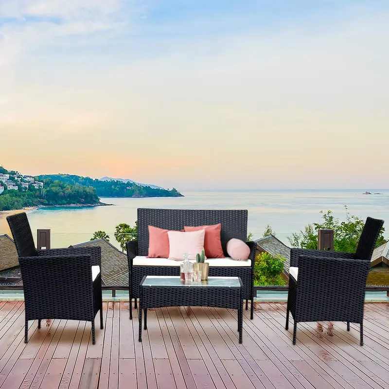 Rattan-Sofa-Set für den Außenbereich – Garten, Terrasse, 4-teilig mit gepolsterten Sitzen aus Kunststoffgeflecht (Schwarz)