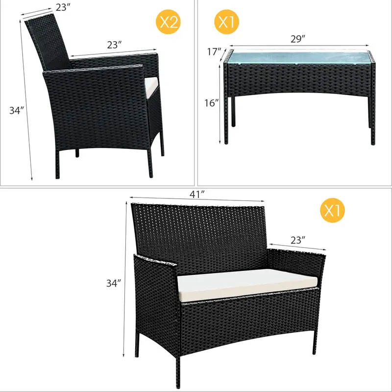 Rattan-Sofa-Set für den Außenbereich – Garten, Terrasse, 4-teilig mit gepolsterten Sitzen aus Kunststoffgeflecht (Schwarz)