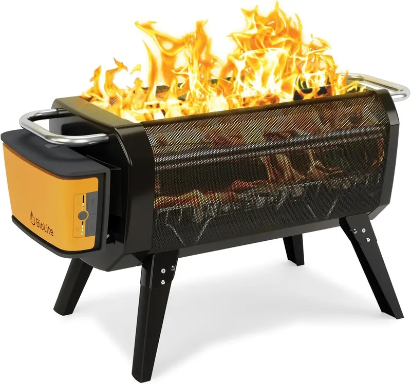 Rauchfreier Außen-Feuerplatz aus Holz mit Holzkohle-Brennfunktion, mit Bluetooth-Funktion, wiederaufladbar, mit einer Kapazität von 12.800 Milliamperestunden und USB-A-Anschluss.