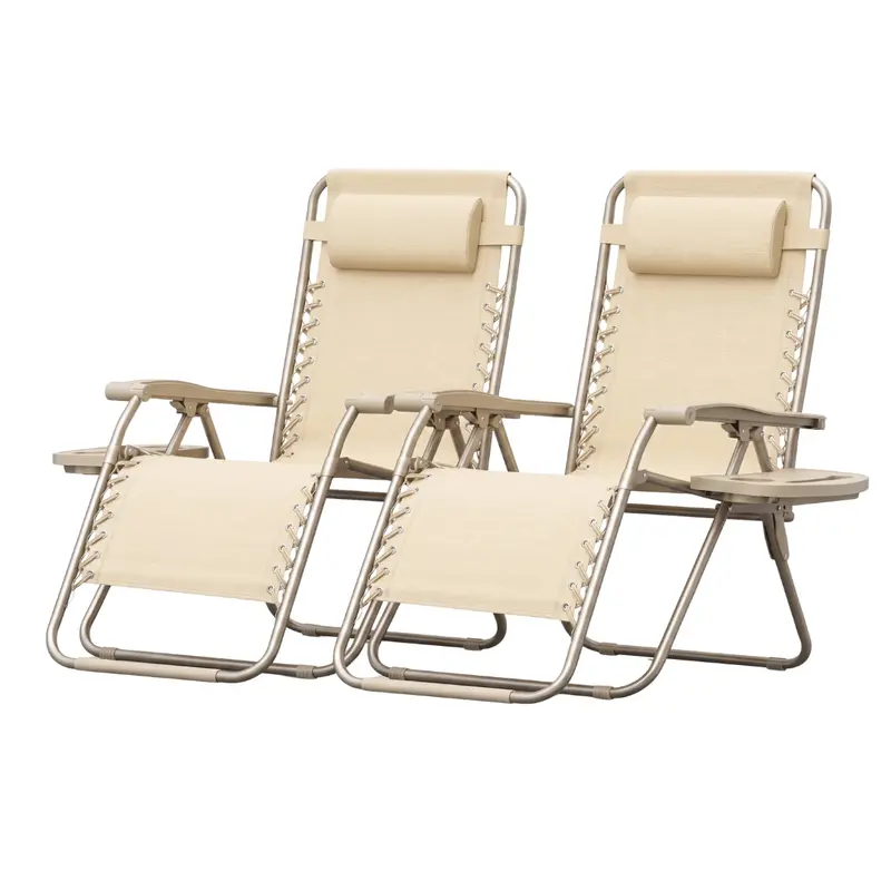 Set aus 2 klappbaren Liegestühlen für die Terrasse mit Kissen und Getränkehaltern