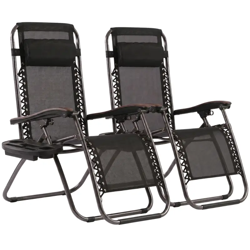Set mit 2 klappbaren, verstellbaren Liegestühlen für die Terrasse mit Getränkehaltern und Ablagen