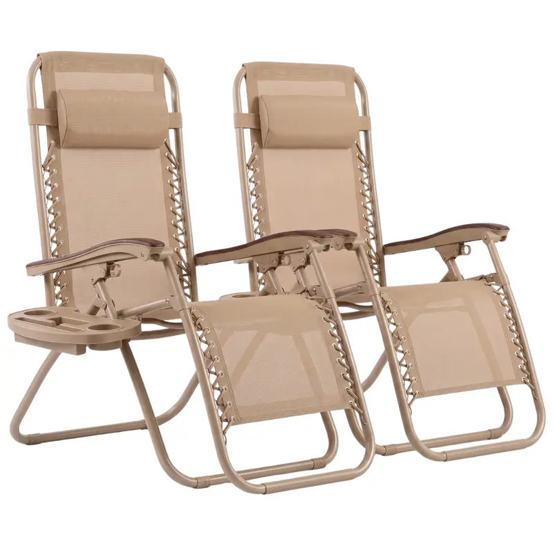 Set mit 2 klappbaren, verstellbaren Liegestühlen für die Terrasse mit Getränkehaltern und Ablagen