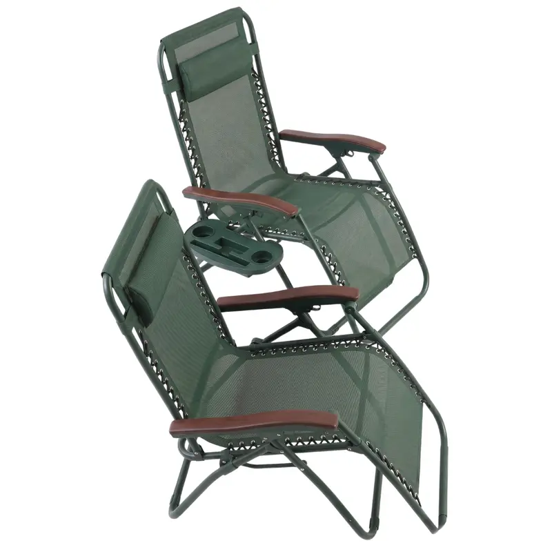 Set mit 2 klappbaren, verstellbaren Liegestühlen für die Terrasse mit Getränkehaltern und Ablagen