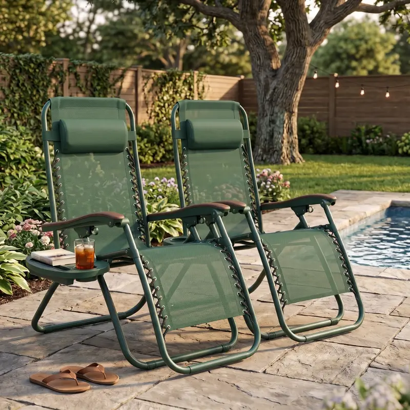 Set mit 2 klappbaren, verstellbaren Liegestühlen für die Terrasse mit Getränkehaltern und Ablagen