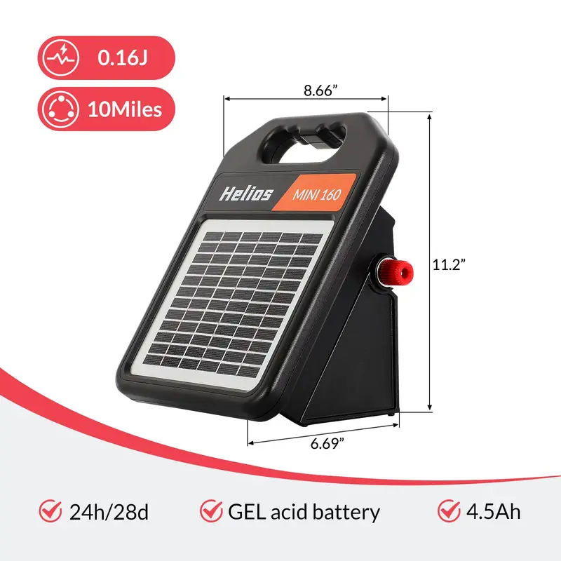 Solar-Elektrozaun-Energizer mit 16 km Reichweite und Tag-/Nacht-Modus, tragbarer Solar-Elektrozaun-Energizer mit 0,16 J und wiederaufladbarer Solarzelle für 24-Stunden-Dauerbetrieb – Elektrozaun-Energizer für zuverlässigen Schutz