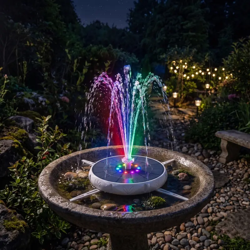 Solar-Vogelbad-Brunnen mit LED-Leuchten und einstellbaren Sprühmustern