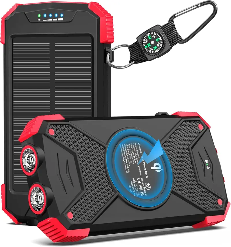 Solarladegerät mit Powerbank, 10.000 mAh, tragbar, 20 W, kabelloses Ladegerät