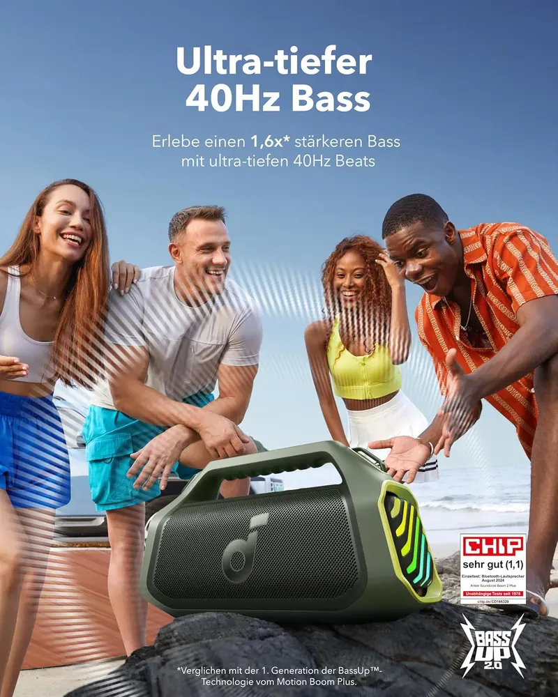 soundcore Boom 2 Plus Outdoor-Lautsprecher, 140 W, 2+2-Kanal, BassUp 2.0, 20 Stunden Akkulaufzeit, Schnellladung, IPX7-Wasserschutz, RGB-Beleuchtung, USB-C-Anschluss, Powerbank-Funktion, Bluetooth 5.3, tragbarer Bluetooth-Lautsprecher für Camping