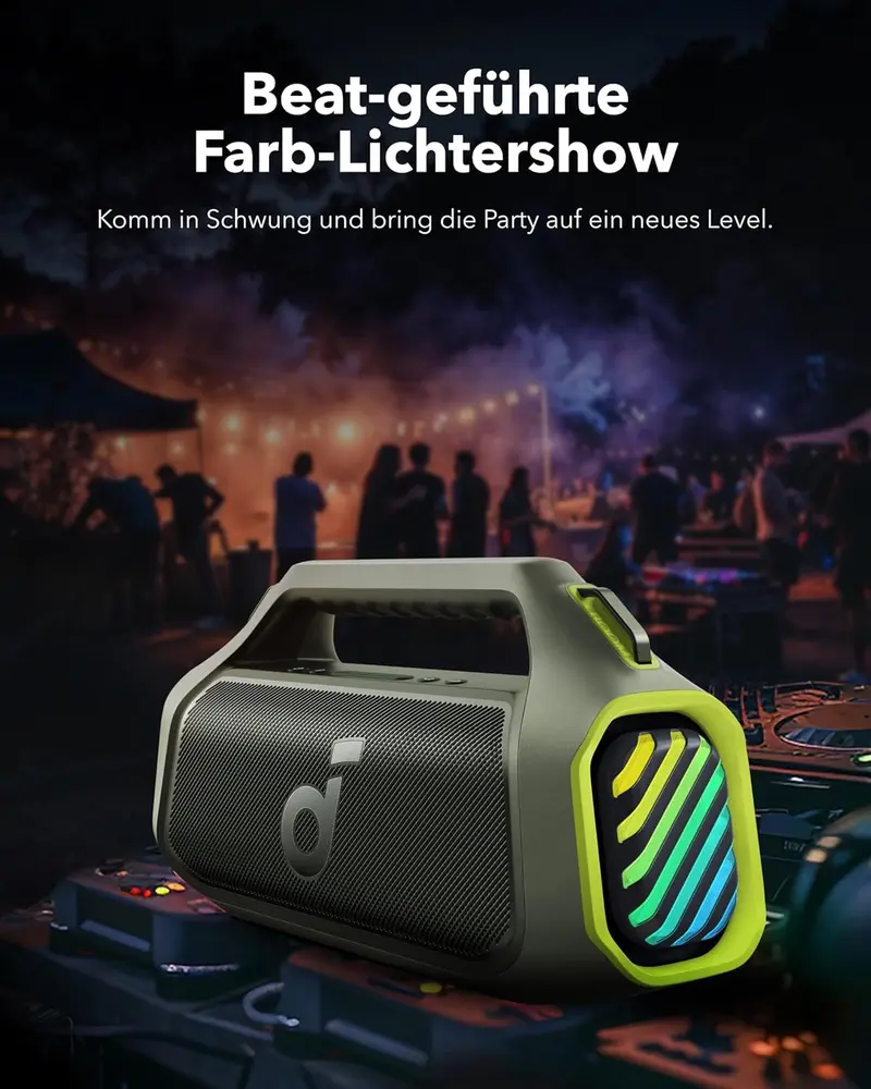 soundcore Boom 2 Plus Outdoor-Lautsprecher, 140 W, 2+2-Kanal, BassUp 2.0, 20 Stunden Akkulaufzeit, Schnellladung, IPX7-Wasserschutz, RGB-Beleuchtung, USB-C-Anschluss, Powerbank-Funktion, Bluetooth 5.3, tragbarer Bluetooth-Lautsprecher für Camping