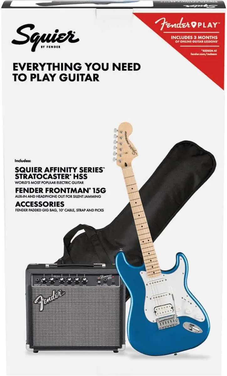 Squier by Fender Affinity Series Stratocaster Set, HSS, Griffbrett aus Ahorn, Lake Placid Blue