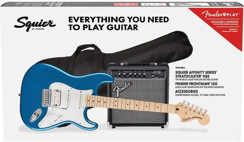 Squier by Fender Affinity Series Stratocaster Set, HSS-Konfiguration, Griffbrett aus Ahorn, Lake Placid Blue 2