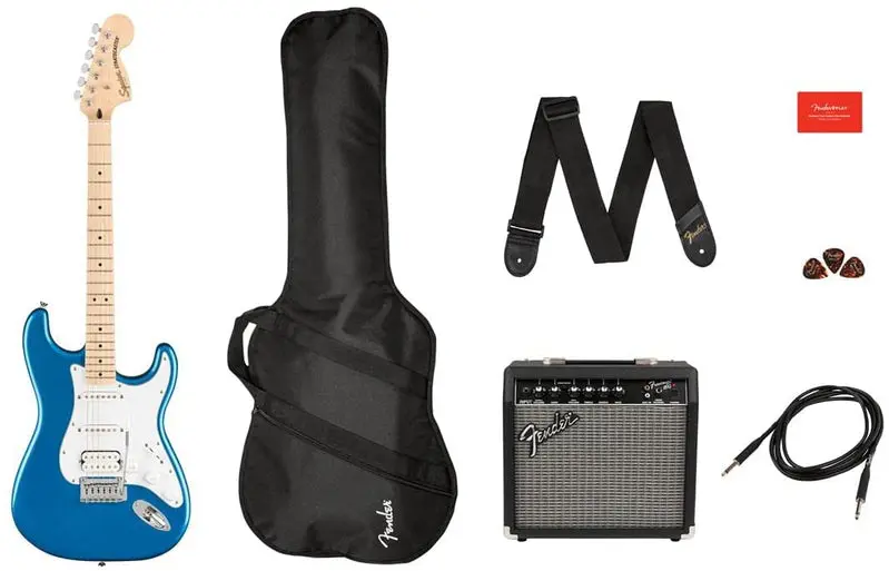 Squier by Fender Affinity Series Stratocaster Set, HSS-Konfiguration, Griffbrett aus Ahorn, Lake Placid Blue
