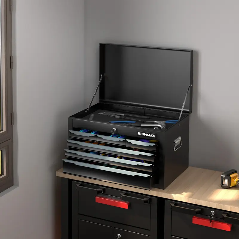 Stahl-Toolbox, 60-cm-Werkzeugkasten mit 6 Schubladen, oberem Staufach und automatischem Verriegelungssystem 2