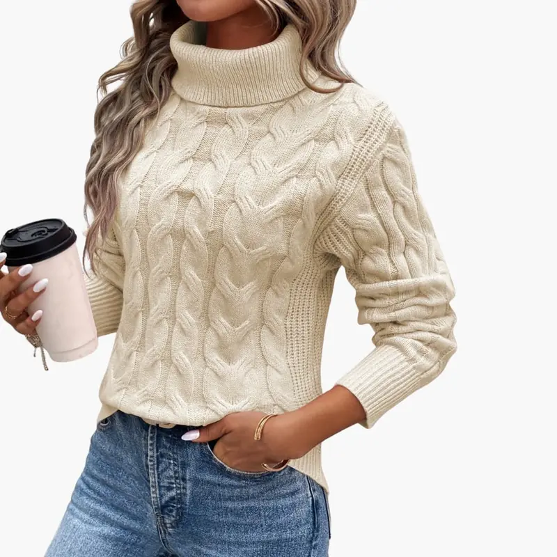 Strickpullover für Damen mit Zopfmuster und Rollkragen