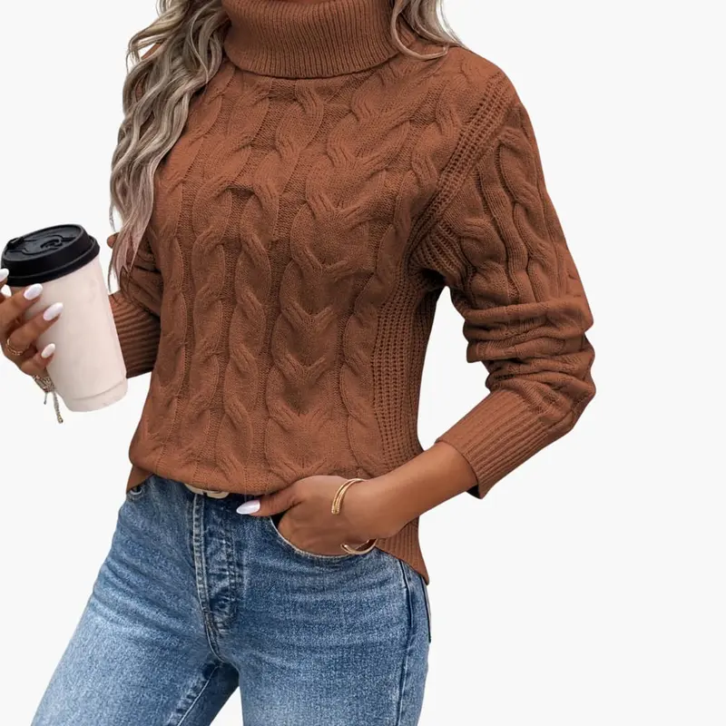Strickpullover für Damen mit Zopfmuster und Rollkragen