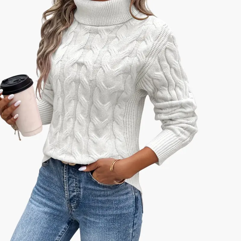 Strickpullover für Damen mit Zopfmuster und Rollkragen