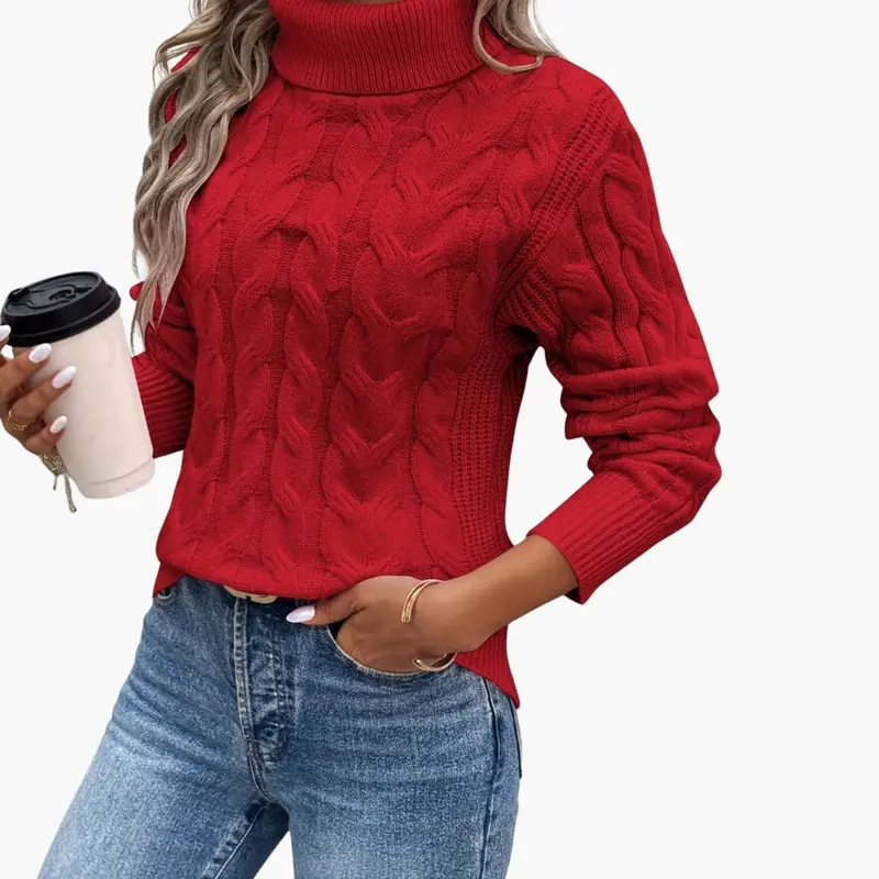 Strickpullover für Damen mit Zopfmuster und Rollkragen