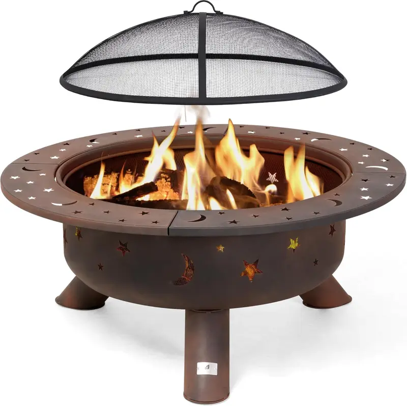 SUNCREAT 42"-Außenfeuerstelle zum Verbrennen von Holz mit Funkennetz, Gartenfeuerstelle mit Feuerhaken, Schwarz
